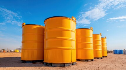 Bright Yellow Storage Barrels in an Industrial Desert Landscape Under Clear Blue Sky