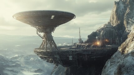 A military communication satellite dish scanning the horizon, high-tech and vigilant, ultra-detailed, 8k