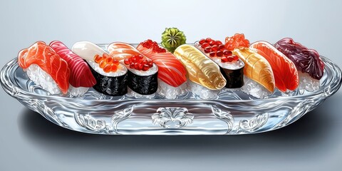 Realistic 3D Icon Cartoon of A Royal Handcrafted Sushi Omakase Selection on a Crystal Plate