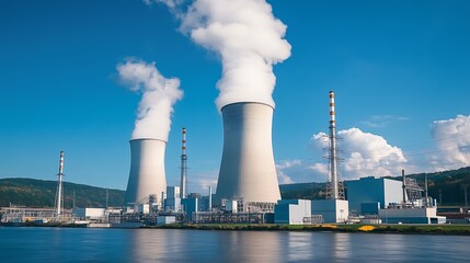 A Nuclear power plant with white smoke stacks against a blue sky, generating nuclear energy for electricity production.