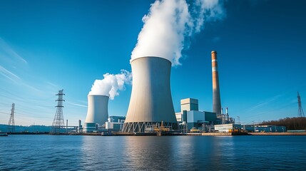 A Nuclear power plant with white smoke stacks against a blue sky, generating nuclear energy for electricity production.