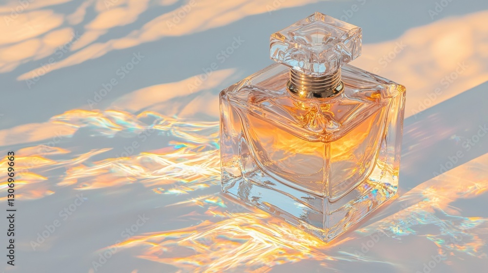 Poster close-up of a perfume bottle. the bottle is made of clear glass and has a hexagonal shape with a sto