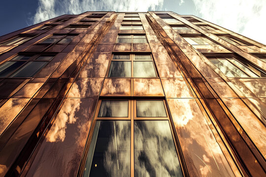 A close-up view of a modern office building in Moscow, highlighting its sleek architectural design and contemporary details