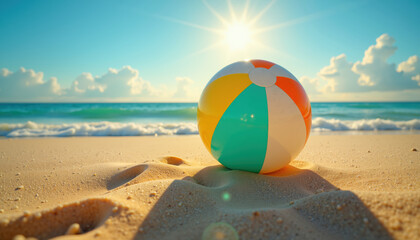 Obraz premium A colorful beach ball sits on golden sand under a bright sun with waves gently rolling in the background.