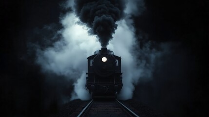 A dark train emerging from the fog, with smoke billowing upwards and illuminating its path.