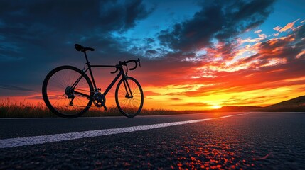 Naklejka premium A modern gravel bike placed against a dramatic sunset sky on an open road.