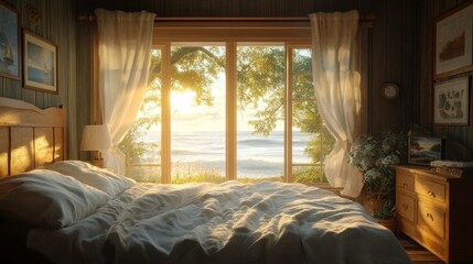 Fototapeta premium A serene bedroom with a cozy bed, large windows showcasing a beautiful sunset over the sea, creating a tranquil and inviting atmosphere.