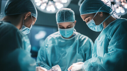 Surgical team performing a complex medical procedure in hospital operating room care nurse masks