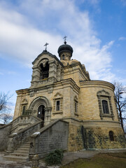 Naklejka premium The church St Nicolas from Roznov, Neamt County, Romania. Historic Orthodox church with Russian influence in its architecture, built at the end of the XIX century.