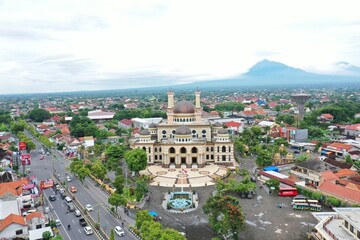 Aerial view of the splendor of the Al Aqsa Mosque in Klaten in the morning with Mount Merapi Mebabu...