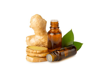 Ginger essential oil isolated on white background. Fresh ginger slices. Essence, serum, oil....