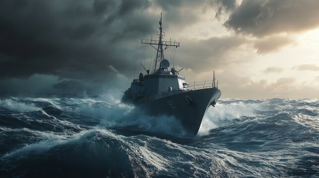 A military ship navigating through rough seas, steady and commanding, ultra-detailed, 8k