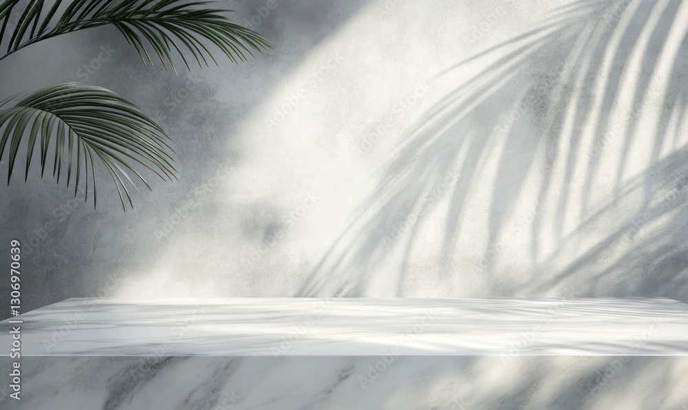 Poster marble product display platform with palm leaf shadow backdrop