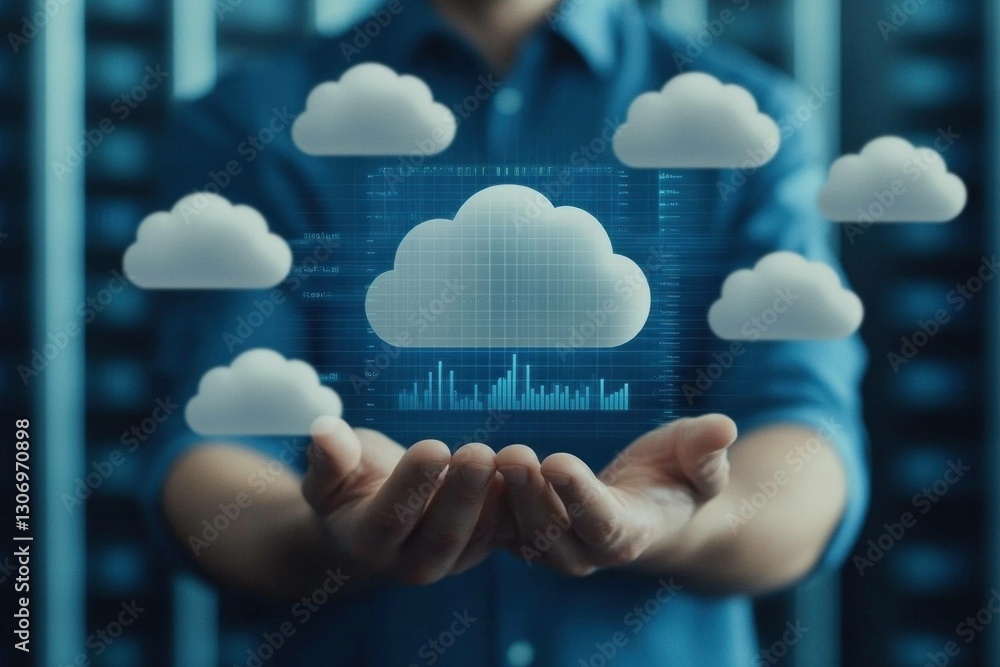 Poster man holding digital cloud icons representing cloud computing solutions and data storage gaining insi