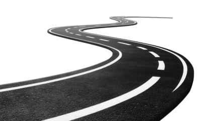 a winding road with a smooth asphalt surface and white lane markings. creating a sense of movement and journey the minimalist background emphasizes the road's curves. suggesting themes of travel and e