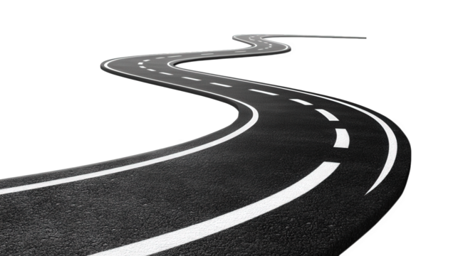 a winding road with a smooth asphalt surface and white lane markings. creating a sense of movement and journey the minimalist background emphasizes the road's curves. suggesting themes of travel and e