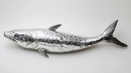 Silver fish sculpture on white background for display or decor