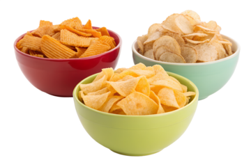 Bowls of assorted potato chips on display
