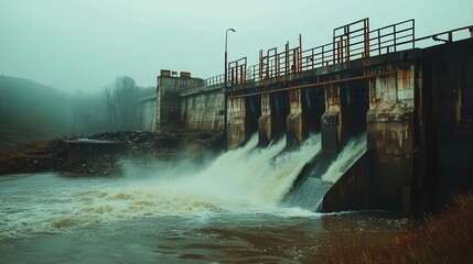 Water flowing from an industrial dam in a foggy landscape setting