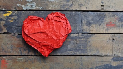 108.A vivid red paper heart, wrinkled and torn down the middle, resting on an old wooden plank, representing separation and emotional pain.