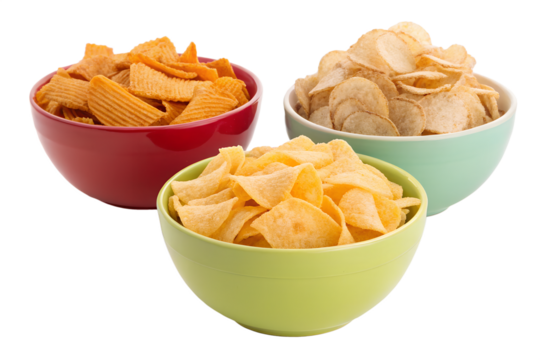 Bowls of assorted potato chips on display