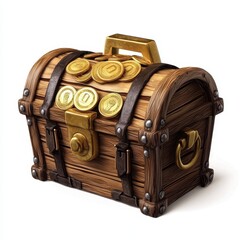 Realistic 3D Icon Cartoon of a Small Wooden Treasure Chest with Gold Coins isolated on clear white background