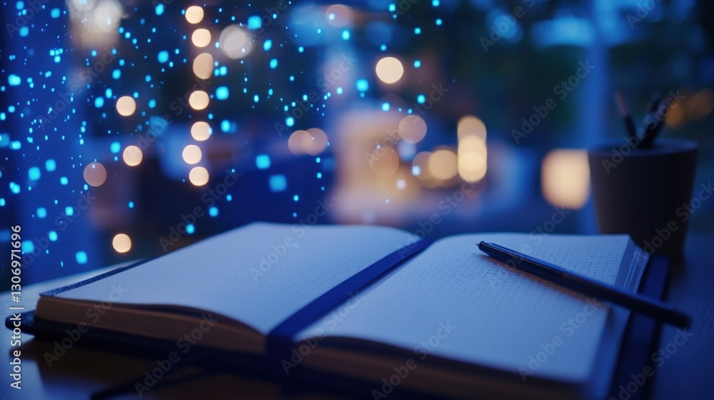 Poster open notebook with a pen resting on top sits on a table, illuminated by soft, warm lighting, as blue