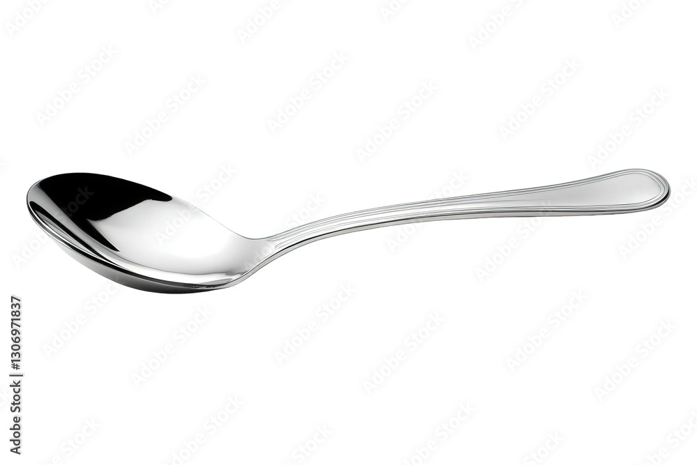Poster shiny. stainless steel spoon resting on a white background the spoon's smooth surface reflects light