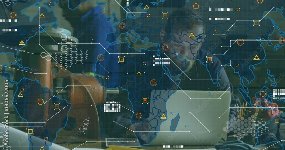 Poster man working on laptop with digital world map and data overlay animation