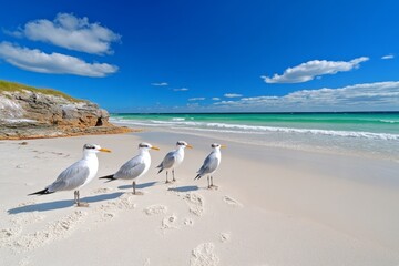 A tropical beach scene with terns nesting in the warm sand