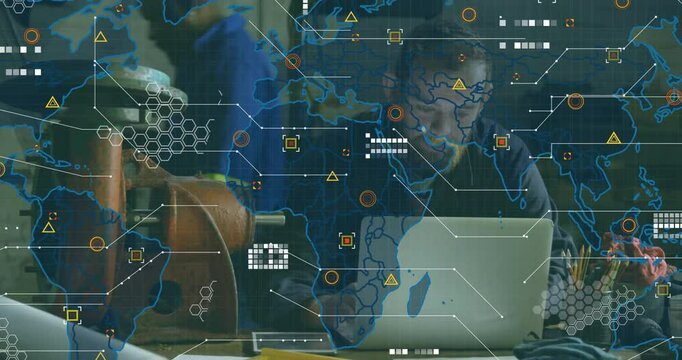 Man working on laptop with digital world map and data overlay animation