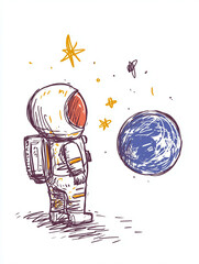 Obraz premium Cute astronaut floating in space gazes at distant planet and twinkling stars