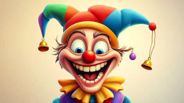 Cartoon jester with smile and colorful hat with bells.