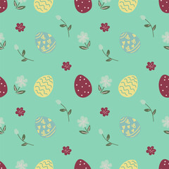 Cute Easter seamless pattern with easter eggs and spring meadow flowers.