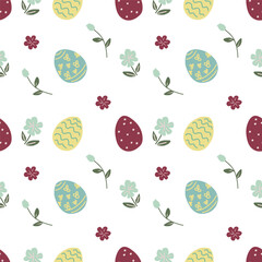 Cute Easter seamless pattern with easter eggs and spring meadow flowers.