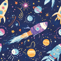 Whimsical hand-drawn pattern with colorful rockets and planets Repeating Pattern Tile Repeating Pattern Tile