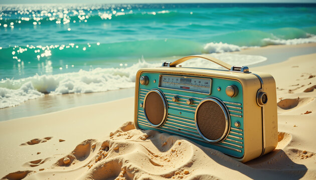 A vintage radio sits on the sandy beach with waves crashing in the background, under a clear blue sky.