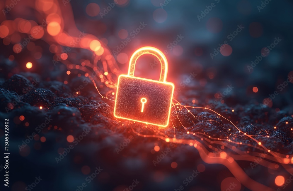 Poster glowing light swirl padlock icon quantum encryption, security. impenetrable shield, advanced network