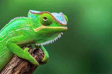 Obraz premium A vibrant green chameleon clinging to a branch, its eyes moving independently