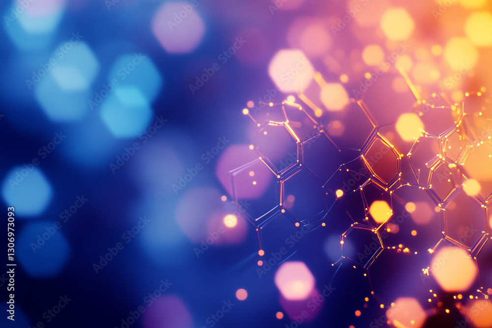 Poster abstract hexagon network digital art background with vivid blue and orange lights glow bokeh shiny