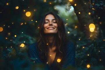 Enchanted Forest Smile: A woman radiates joy amidst a magical setting of flickering lights in a forest, creating a dreamlike atmosphere of tranquility and wonder. Her smile is infectious.