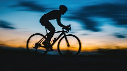 Obraz premium A silhouette of a cyclist on a gravel bike at dusk, with motion blur enhancing the scene.