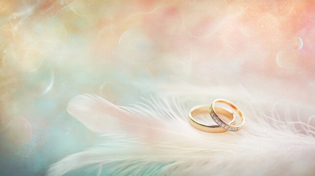 2.Close-up of two golden wedding rings placed on a delicate white feather, resting on a softly textured vintage background with pastel hues and subtle bokeh.