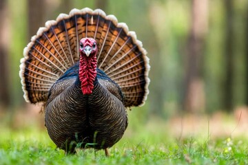 A wild turkey displaying its large fan-shaped tail, standing in a forest clearing