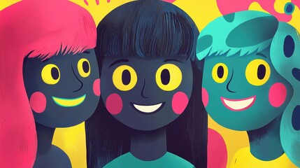 Fototapeta premium Colorful Illustration of Three Diverse Friends with Unique Hairstyles