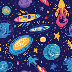 Whimsical hand-drawn pattern with colorful rockets and planets Repeating Pattern Tile Repeating Pattern Tile