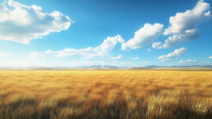 Obraz premium A serene landscape of golden fields under a bright blue sky with fluffy clouds, creating a tranquil and picturesque natural setting.