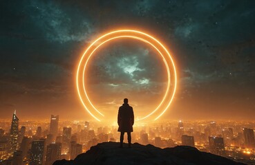 Man stands on peak above cityscape looking at glowing circle in night sky. Futuristic scene with neon portal above city. Concept of technology innovation or arrival civilization. - obrazy, fototapety, plakaty