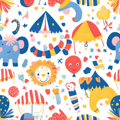 Obraz premium Vibrant hand-drawn circus pattern with playful animals Repeating Pattern Tile Repeating Pattern Tile