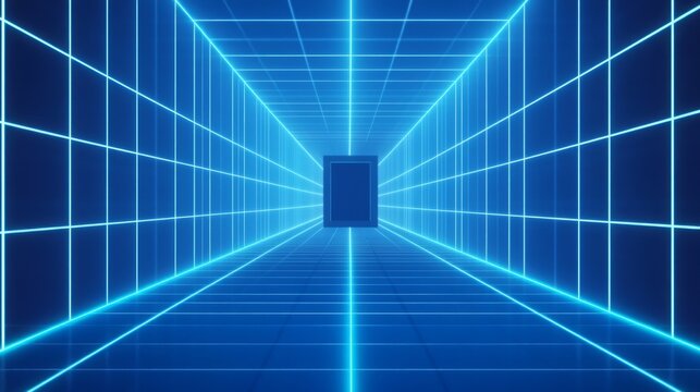 A blue grid background with glowing neon lines leading to the center of an empty virtual tunnel, creating a futuristic and high-tech atmosphere